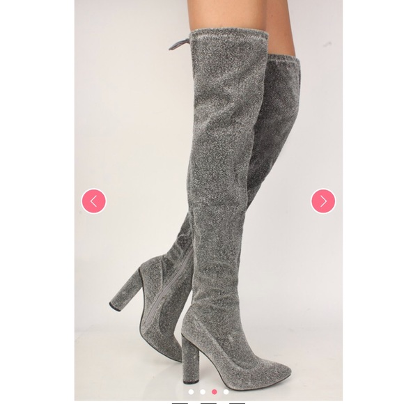Silver glitter heeled over the knee boots - Picture 3 of 4